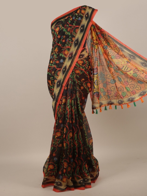 

Pothys Black & Red Floral Printed Jute Silk Saree