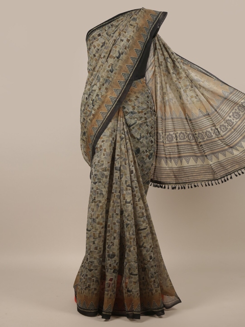 

Pothys Grey & Beige Printed Jute Silk Saree
