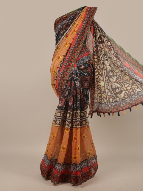 

Pothys Orange & Black Floral Printed Jute Silk Saree