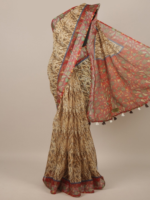 

Pothys Cream-Coloured & Red Floral Linen Blend Saree