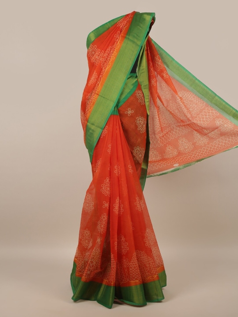

Pothys Rust & Green Ethnic Motifs Printed Zari Border Saree