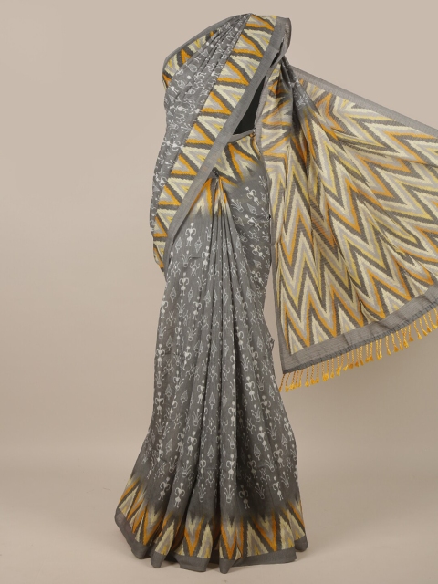 

Pothys Grey & Yellow Warli Printed Jute Silk Saree