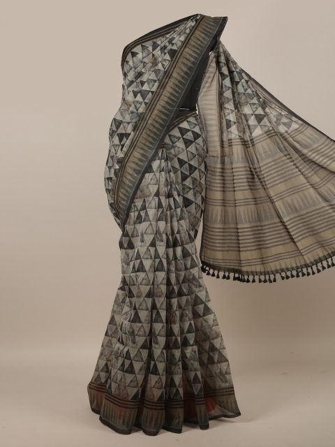 

Pothys Grey & Black Geometric Printed Jute Silk Saree