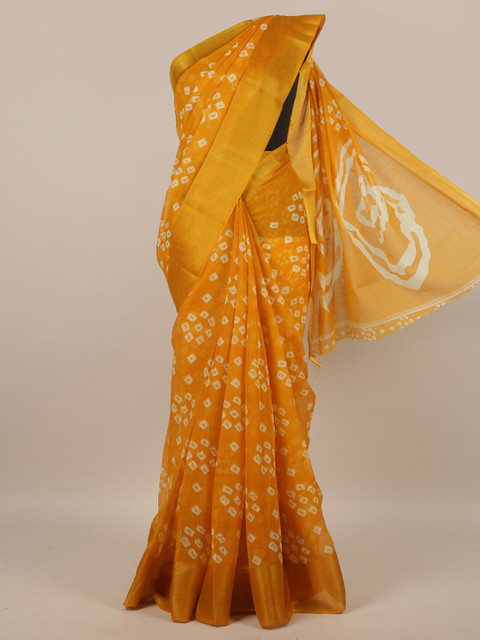 

Pothys Mustard & White Cotton Blend Floral Printed Saree