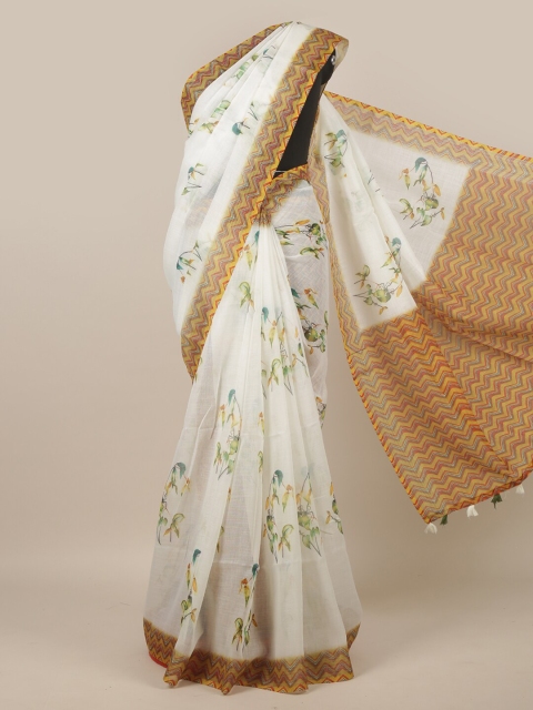 

Pothys White & Yellow Floral Linen Blend Saree