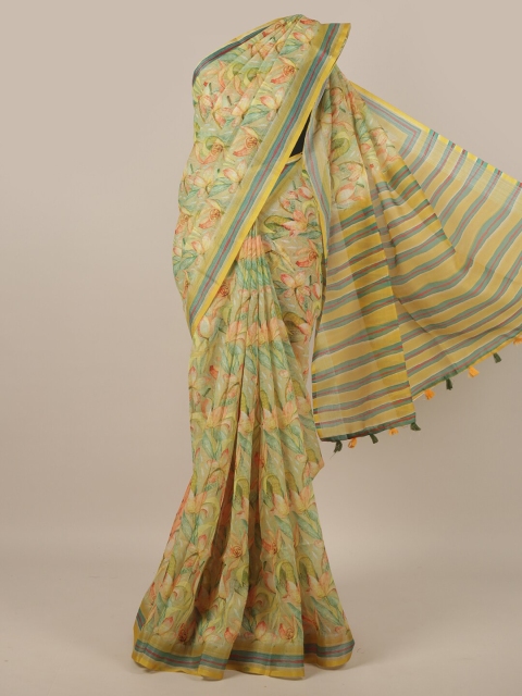 

Pothys Green & Peach-Coloured Floral Printed Linen Blend Saree