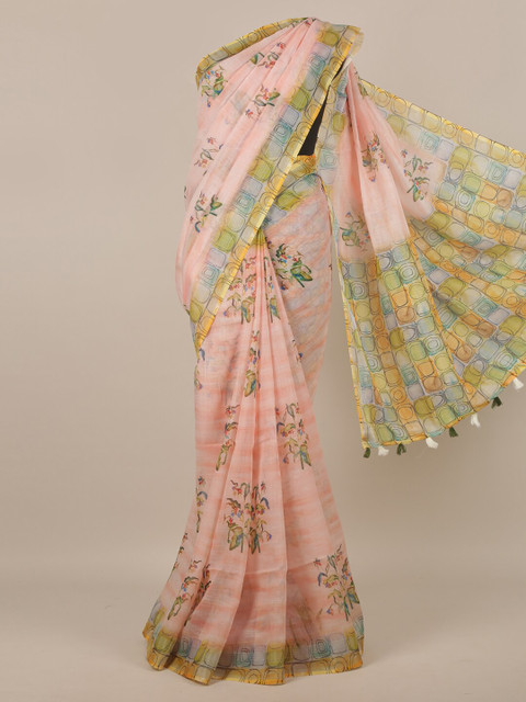 

Pothys Peach-Coloured & Green Floral Jute Silk Saree