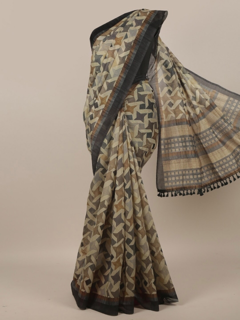 

Pothys Beige & Grey Geometric Printed Jute Silk Saree