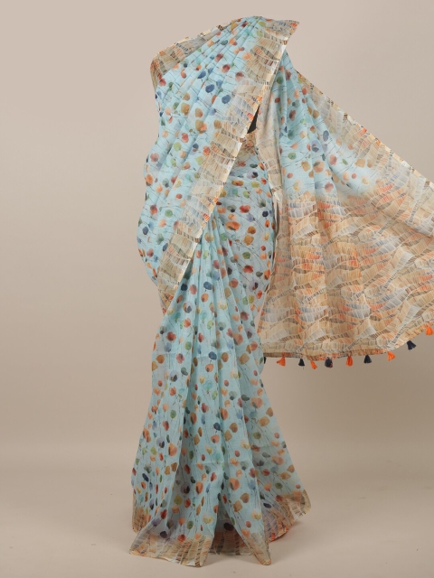 

Pothys Blue Linen Blend Floral Printed Saree