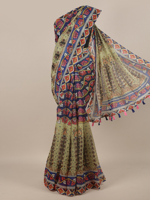 

Pothys Green & Blue Floral Printed Jute Silk Saree