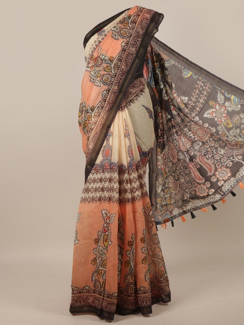

Pothys Peach-Coloured & Brown Floral Printed Zari Jute Silk Saree