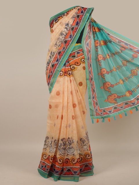 

Pothys Peach-Coloured & Orange Ethnic Motifs Printed Jute Silk Saree