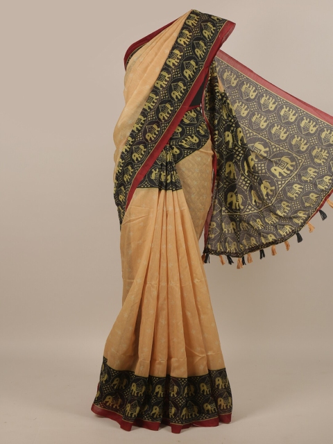 

Pothys Cream-Coloured & Green Ethnic Motifs Jute Silk Saree