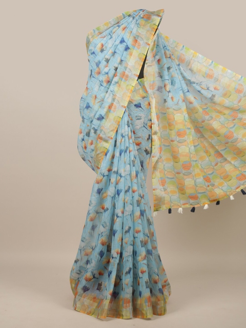 

Pothys Blue & Yellow Floral Linen Blend Saree