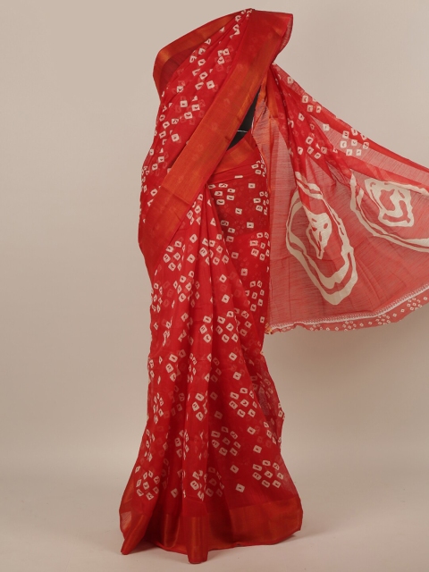 

Pothys Red & White Bandhani Printed Zari Saree