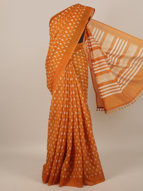 

Pothys Mustard Yellow & White Geometric Printed Jute Silk Saree