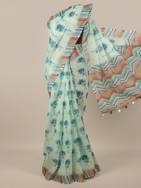 

Pothys Green & Blue Floral Linen Blend Saree