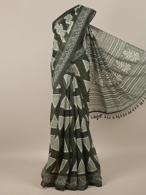 

Pothys Green & Grey Printed Jute Silk Saree