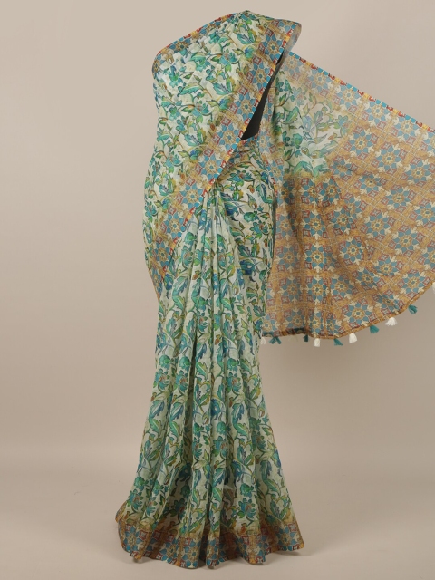 

Pothys Green & Cream-Coloured Floral Printed Jute Silk Saree