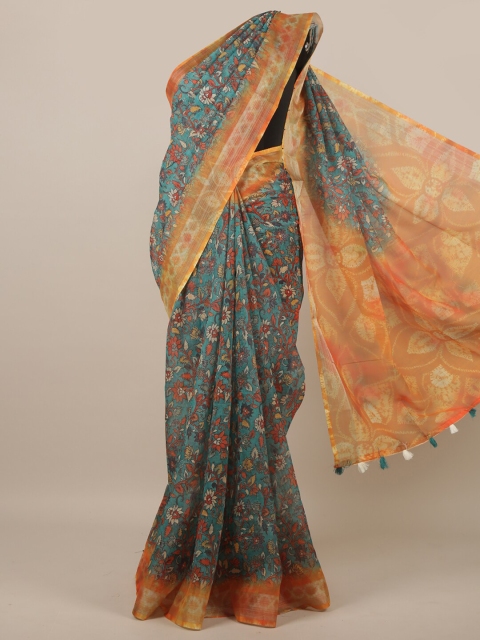 

Pothys Green & Orange Floral Linen Blend Saree