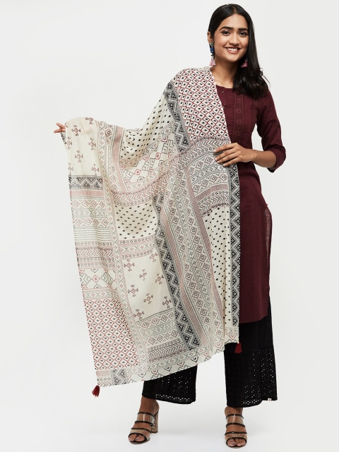 

max Cream-Coloured & Red Ethnic Motifs Printed Pure Cotton Dupatta