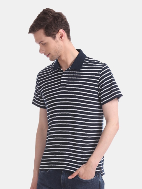 

AD By Arvind Men Navy Blue & White Striped Polo Collar Slim Fit T-shirt