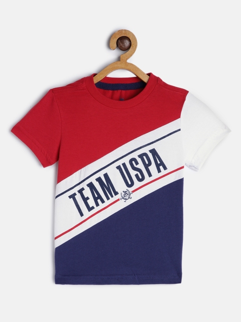 

U.S. Polo Assn. Kids Boys Red & White Brand Logo Colourblocked Pure Cotton T-shirt