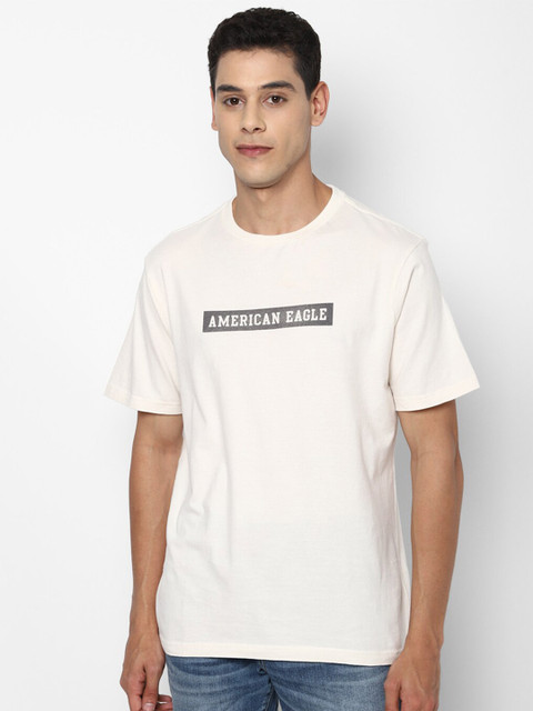 

AMERICAN EAGLE OUTFITTERS Men Off White & Grey Brand Logo Printed Slim Fit T-shirt
