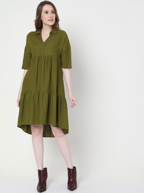 

Vero Moda Women Olive Solid Shirt Neck Empire Dress