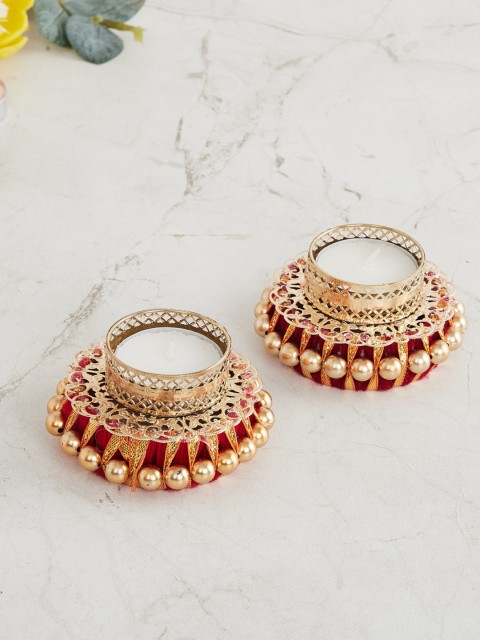 

Home Centre Set of 2 Gold-Toned & Red Embellished Candle Holder