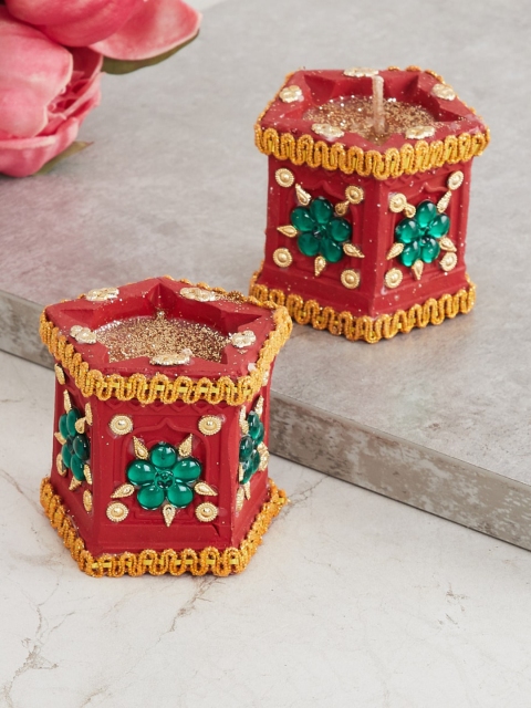 

Home Centre Utsav Set of 2 Embellished Wax Tulsi Diya, Red