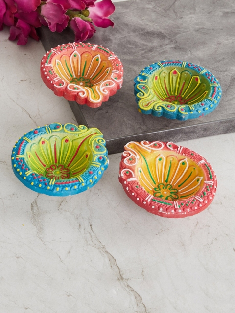 

Home Centre Set Of 4 Multicoloured Corsica Textured Terracotta Clay Diya, Multi