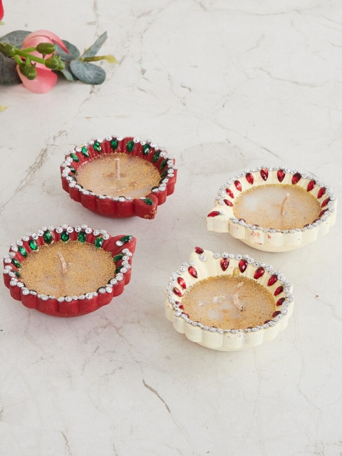 

Home Centre Utsav Set of 4 Red & Off-white Embellished Clay and Wax Diyas