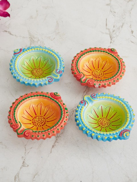 

Home Centre Set Of 4 Multicoloured Printed Corsica Divine Clay Diya, Multi