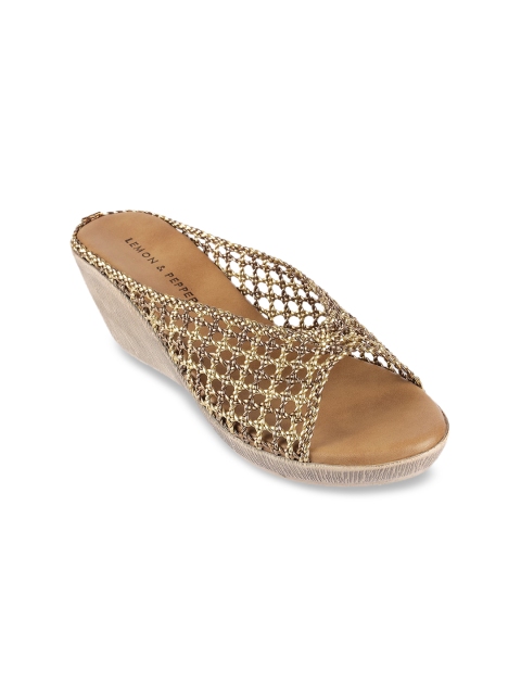 

LEMON & PEPPER Gold-Toned Printed PU Wedge Peep Toes