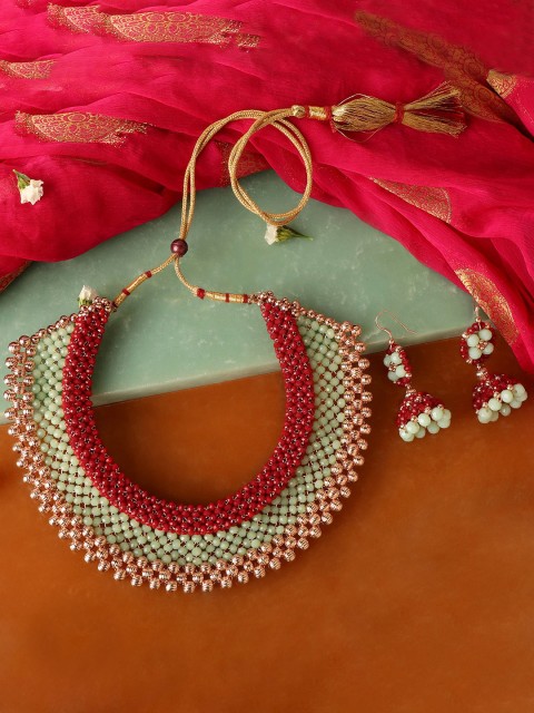 

ZINU Red & Green Beaded Traditional Jewellery Set