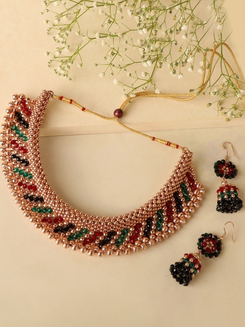 

ZINU Gold-Toned Green & Red Beaded Handcrafted Jewellry set