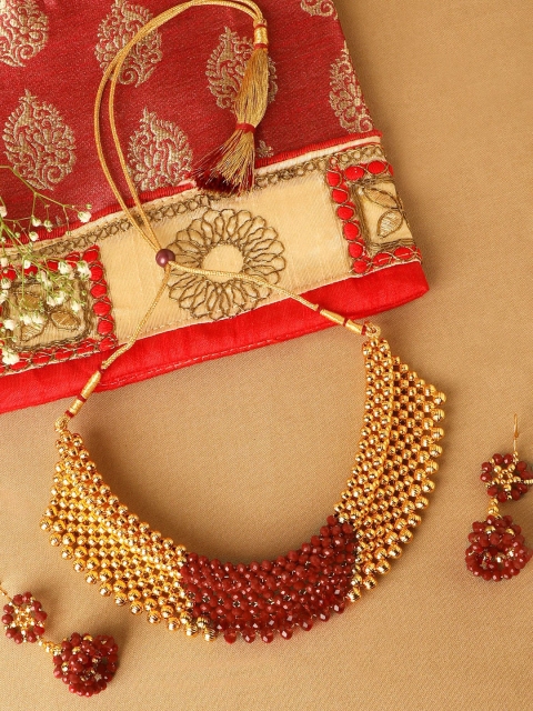 

ZINU Gold-Toned Maroon Beaded Handcrafted Jewellery Set