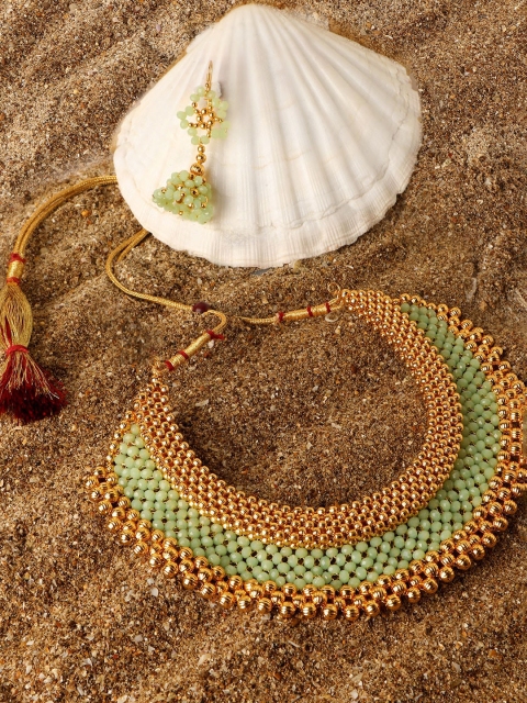 

ZINU Women Gold-Toned Sea Green Beaded Handcrafted Jewellery Set