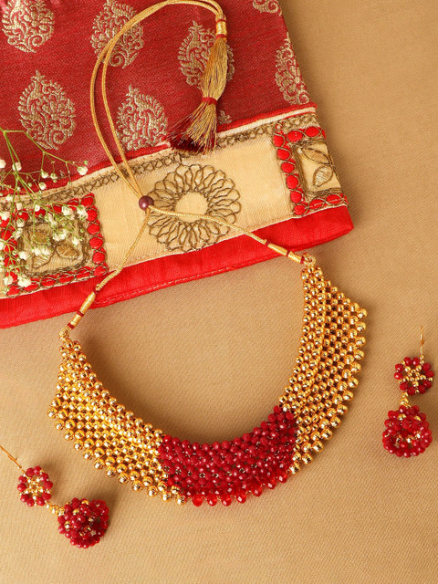 

ZINU Gold-Toned & Red Beaded Traditional Handmade Choker Jewellery Set