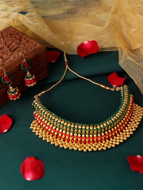 

ZINU Gold-Toned & Green Beaded Traditional Handmade Jewellery Set