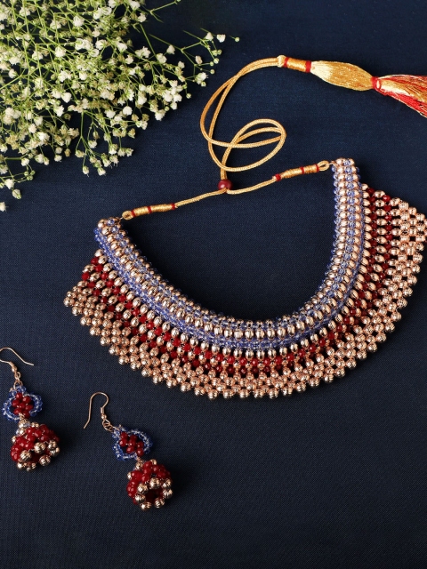 

ZINU Gold-Toned & Blue Beaded Traditional Handmade Jewellery Set