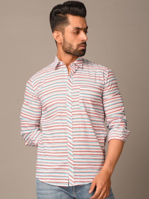 

Tistabene Men Pink & Blue Horizontal Stripes Opaque Striped Casual Shirt