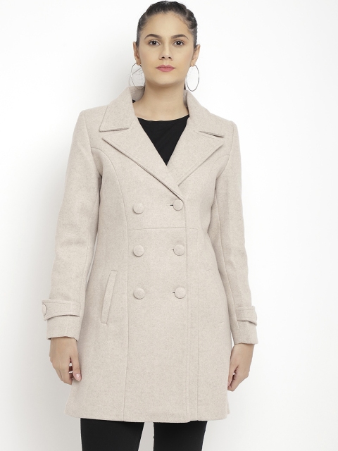 

LEBORK Women Beige Solid Double-Breasted Winter Pea Coat