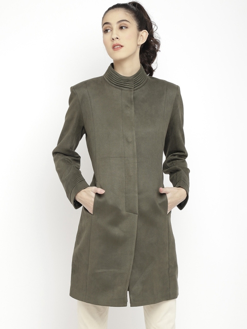

LEBORK Women Green Solid Trench Coat