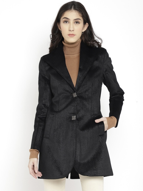 

LEBORK Women Black Solid Notched Lapel Coat
