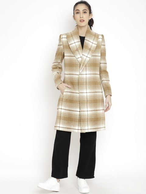 

LEBORK Women Brown & White Checked Wool Trench Coat