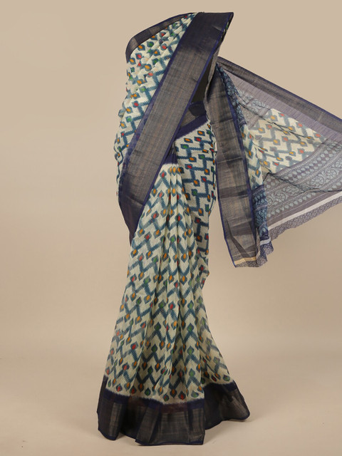 

Pothys Cream-Coloured & Navy Blue Printed Saree