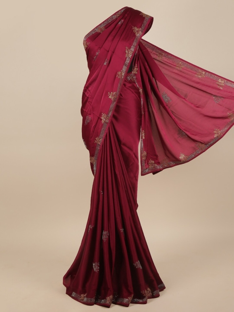 

Pothys Burgundy & Gold Floral Beads and Stones Satin Saree