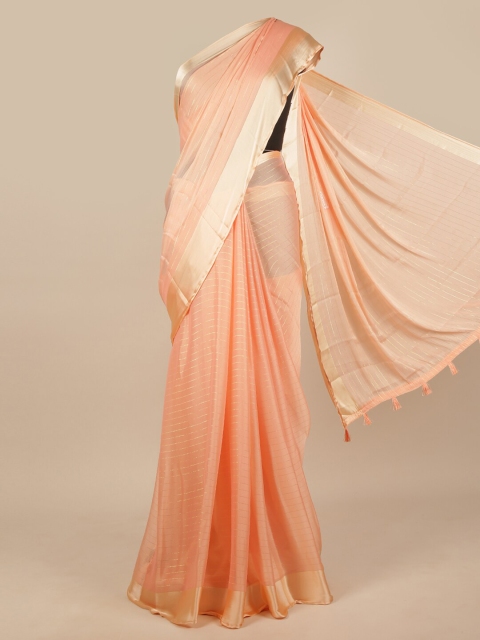 

Pothys Peach-Coloured & Gold-Toned Striped Saree